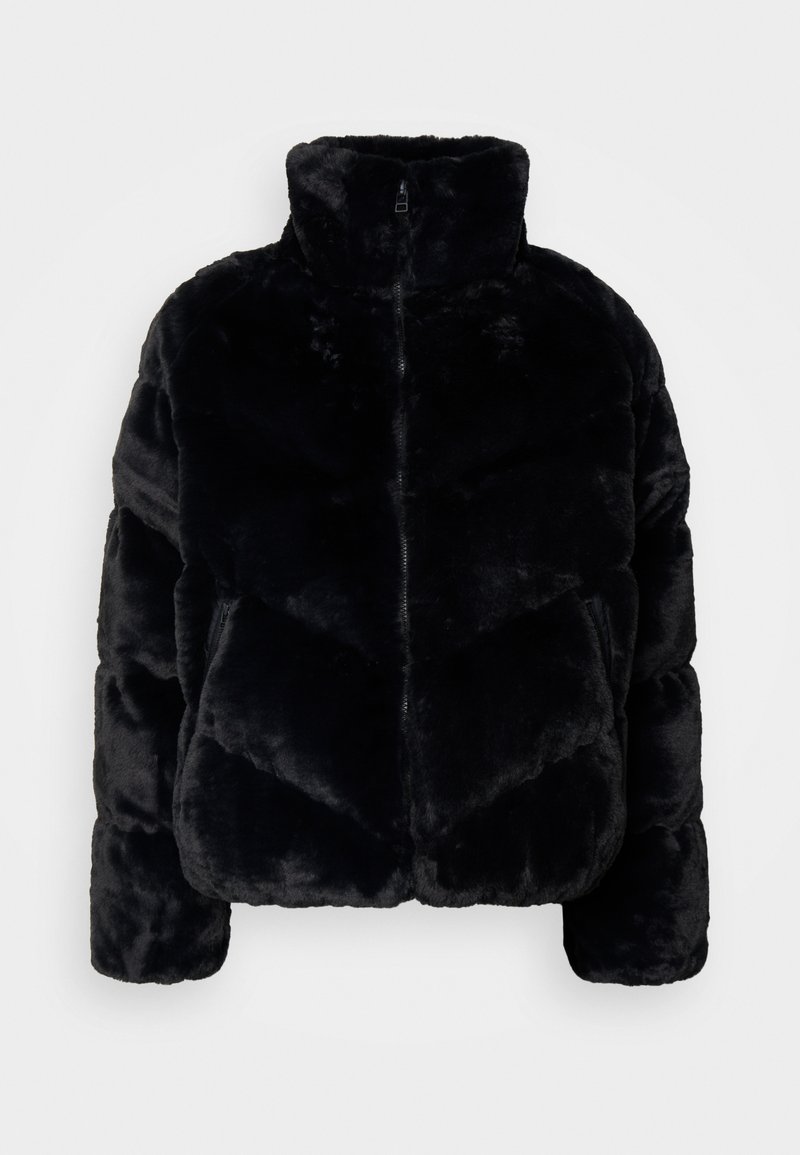 Veste puffer en fausse fourrure noire avec un col haut, fermeture éclair et un design matelassé à motifs en losange. Texture douce et manches longues.