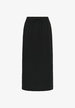 Črno midi krilo z elastiko v pasu, sprednjo vrvico, dvema velikima sprednjima žepoma in ravnim spodnjim robom.