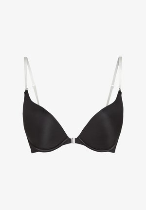 Svart BH med bøyle, hvite justerbare stropper og frontlås, designet for støtte og komfort.