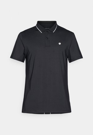 Black polo shirt with short sleeves, a two-button placket, white trim on the collar, and a small logo on the left chest. Smooth fabric texture.