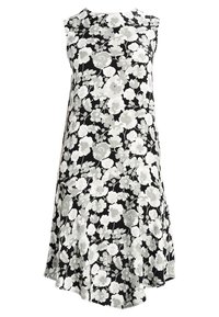 Černé šaty bez rukávů s bílým a šedým květinovým vzorem a rozšířeným lemem.