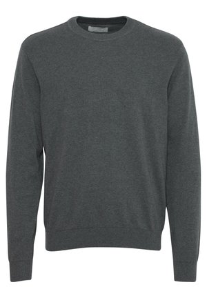 Mørkegrå crewneck sweater med lange ærmer, lavet af et blødt, strikket materiale. Har ribbestrikket halsudskæring, manchetter og kant. Ingen synlige mønstre.