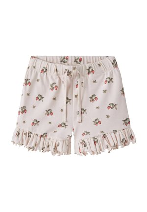 Short rose clair à taille élastique avec imprimé fraise rouge et feuille verte, cordon de serrage à l'avant et ourlets à volants.