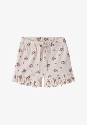 Jasnoróżowe szorty z elastycznym pasem, czerwonym nadrukiem truskawek i zielonych liści, wiązane z przodu i z falbankowymi brzegami.