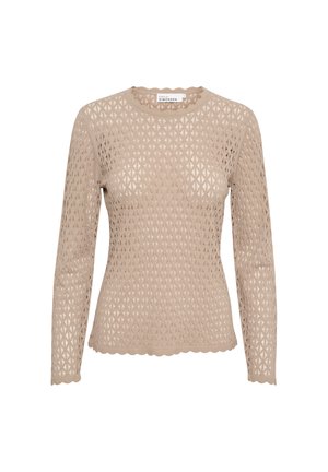 Beige långärmad topp med ett geometriskt urklippsmönster. Mjuk textur, rund halsringning och vågigt nederkant.