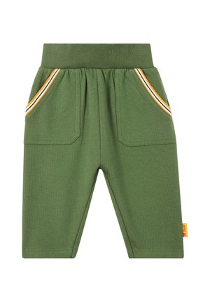 Green toddler pants with elastic waistband and front pockets featuring yellow, white, and black striped trim.
