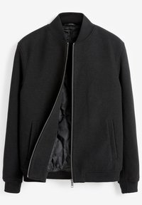 Black bomber jacket with a zip front and ribbed collar. Made of textured fabric, featuring side pockets and a contrasting smooth interior lining.