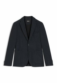 Marinblårandig kavaj med kammar-lapel, två framfickor, enkel knappstängning och subtil lyster. Märkesetikett: BOSS.