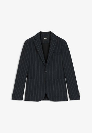 Navy pinstripe suit jacket with notch lapel, two front pockets, single button closure, and subtle sheen finish. Brand label: BOSS.