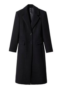 Long manteau en laine noire avec revers crantés, deux boutons devant, poches à rabat et une coupe droite ajustée.