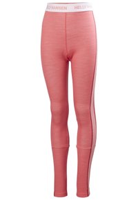 Růžové legíny vyrobené z texturované tkaniny s bílým elastickým pasem, na kterém je logo "Helly Hansen" a kontrastní červené pruhy po stranách.
