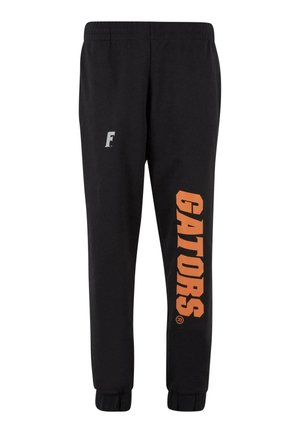 Black sweatpants with an elastic waistband, featuring an orange "GATORS" print along the left leg and a small grey logo on the hip.