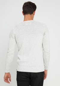 Maglione grigio chiaro con costine strutturate sulla parte superiore della schiena, maniche lunghe e orlo aderente. Il tessuto appare morbido con un motivo sottile.