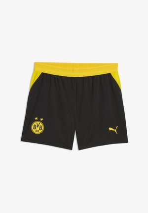 Czarno-żółte spodenki sportowe z żółtym elastycznym pasem, logo Borussia Dortmund BVB na lewej nodze i żółte logo Puma na prawej nodze.
