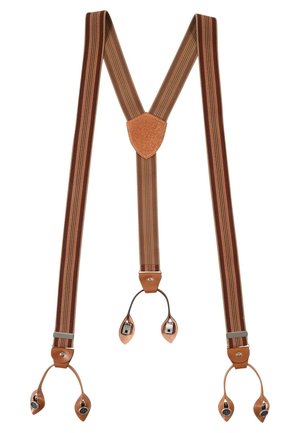 Bretelles marron rayées avec boucles de bouton en cuir et réglages en métal, disposées en forme de Y sur fond blanc.