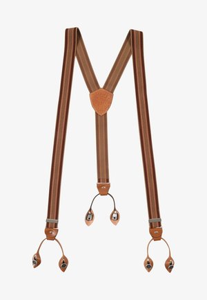 Brown striped suspenders with leather button loops and metal adjusters, arranged in a Y-shape on a white background.