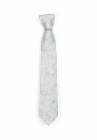 Cravate vert clair ornée d'un motif paisley blanc, fabriquée en tissu lisse. Le design comprend des formes tourbillonnantes et des détails complexes.