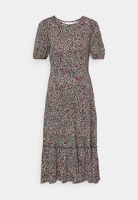 Vestido negro con mangas cortas abullonadas, patrón floral en rojo, blanco y amarillo, dobladillo en capas, tela suave y escote redondo.
