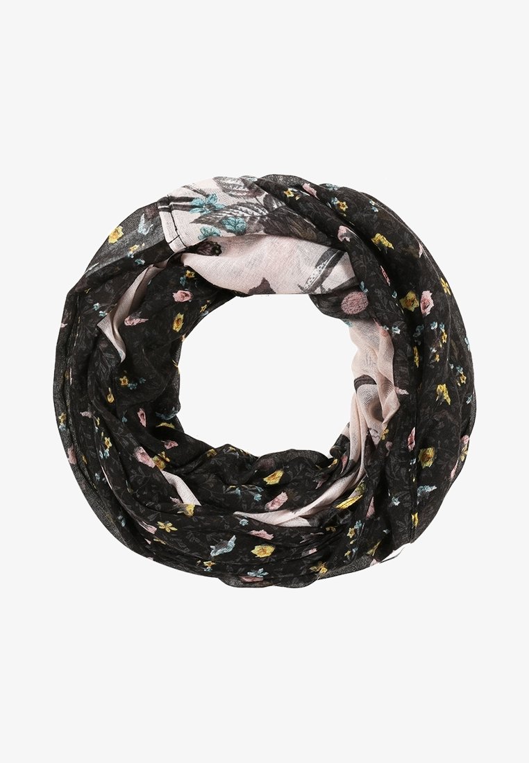 Écharpe légère noire et rose clair avec de petits motifs floraux multicolores, disposée en forme de boucle circulaire.