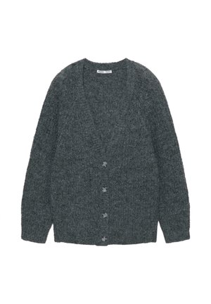 Siv pleteni kardigan z globokim V-izrezom, dolgimi rokavi in petimi gumbi spredaj. Izdelan iz teksturirane tkanine in ima sproščen kroj.