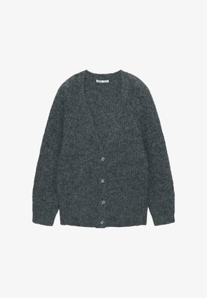Grauer Strickcardigan mit tiefem V-Ausschnitt, langen Ärmeln und fünf Knöpfen vorne. Verfügt über eine strukturierte Stoffqualität und eine lockere Passform.