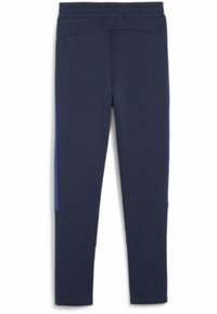 Marinefarbene Sportleggings mit taillierter Passform, ausgestattet mit blauen Seitenstreifen und schrägen Paneelakzenten. Hergestellt aus einem leichten, dehnbaren Material.