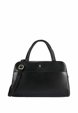 Czarna skórzana torebka z podwójnymi rączkami, przednią kieszenią wsuwaną oraz regulowanym paskiem na ramię z złotą klamrą.