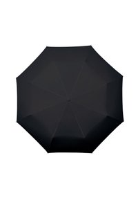 Ombrello nero con una copertura ottagonale, tessuto liscio e un'asta centrale. Nessun motivo o accento visibile.