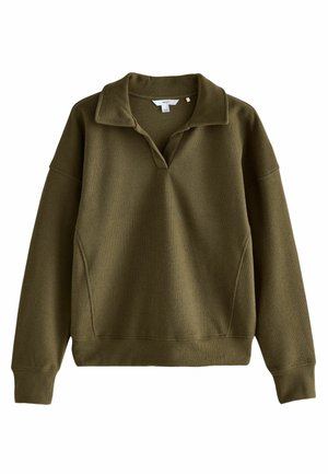 Olivengroene pullover sweatshirt met een kraag, lange mouwen, ribgebreide manchetten en accenten aan de zijnaad. Zachte, gestructureerde stof.