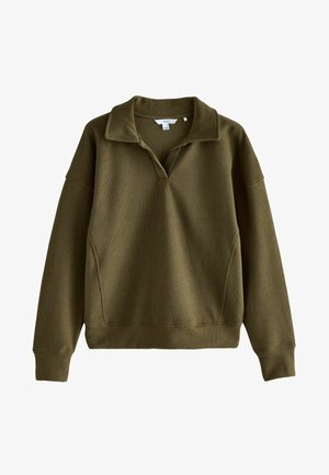 Olivengroene pullover sweatshirt met een kraag, lange mouwen, ribgebreide manchetten en accenten aan de zijnaad. Zachte, gestructureerde stof.