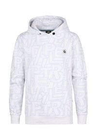Witte hoodie met lichtblauw grafisch patroon featuring verschillende letters, voorzak, verstelbare capuchon en ribgebreide manchetten en zoom.