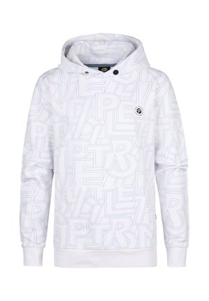 Witte hoodie met lichtblauw grafisch patroon featuring verschillende letters, voorzak, verstelbare capuchon en ribgebreide manchetten en zoom.