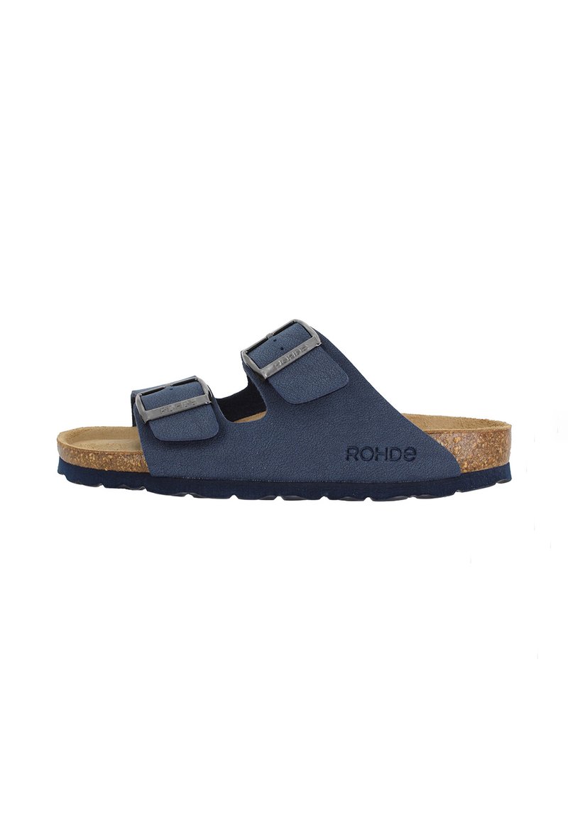 Sandali blu navy con due cinturini regolabili e fibbie metalliche. La soletta in sughero e la suola in gomma offrono comfort e durata.