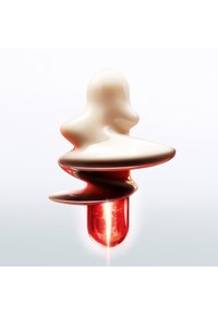 Scultura astratta lucida con superfici lisce bianche e rosse, con una forma a spirale sopra un elemento rosso brillante simile a una capsula.