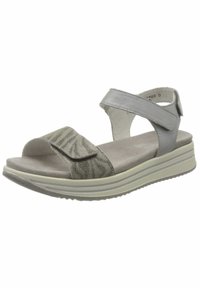 Gray and light gray sandal with Velcro straps, textured animal print upper, cushioned insole, and a layered platform sole with subtle stripes.