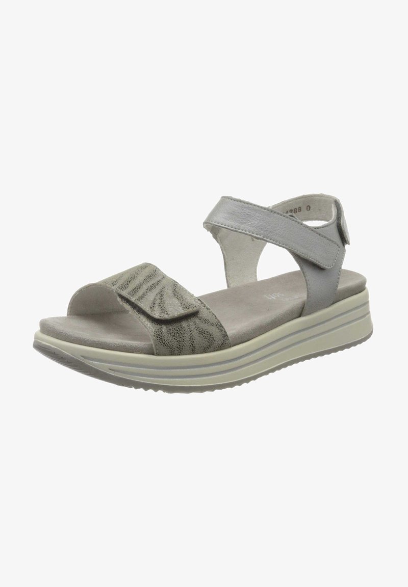 Gray and light gray sandal with Velcro straps, textured animal print upper, cushioned insole, and a layered platform sole with subtle stripes.