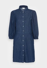 Denim dress with a button-down front, collared neckline, and puffed sleeves. Dark blue fabric, waist seam, and gathered cuffs.