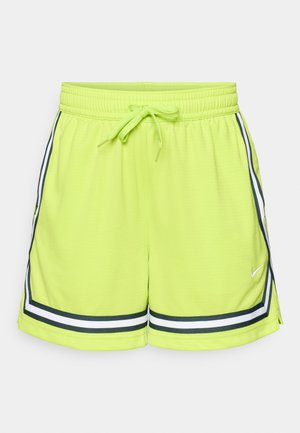 Neon žluté sportovní šortky s elastickým pasem a šňůrkou na stažení. Obsahují černé a bílé boční pruhy a malé logo na dolním lemu.