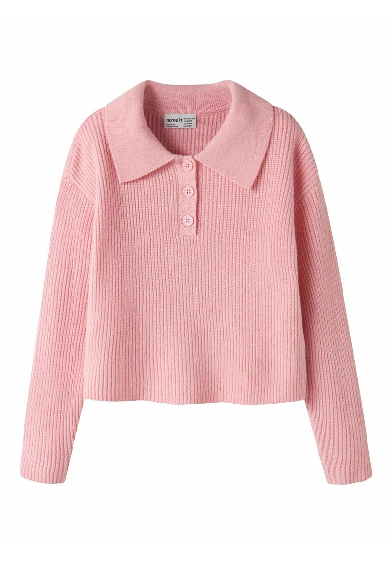 Maglione rosa a coste con collo, tre bottoni frontali, maniche lunghe da una morbida texture e design corto.