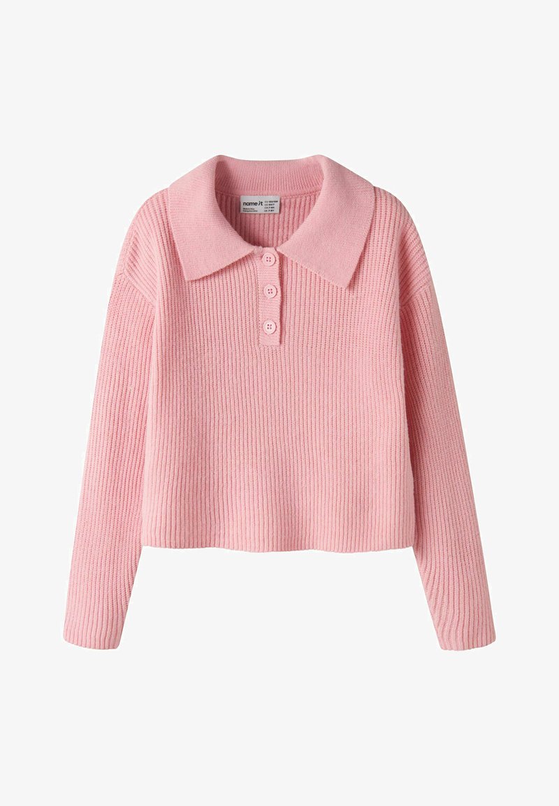 Maglione rosa a coste con collo, tre bottoni frontali, maniche lunghe da una morbida texture e design corto.
