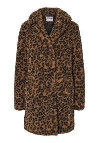 Brun leopardmönstrad kappa med en plyschig textur, notchad krage och knäppning; har två framfickor och en midilängd.