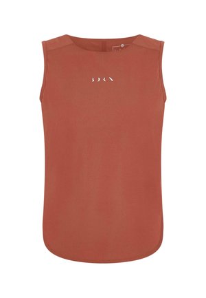 Rust-colored, sleeveless top in a smooth fabric with a rounded neckline and a hem that softly curves. Features white text detail on the front.