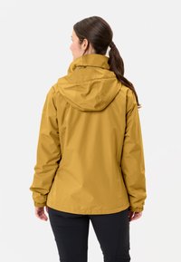 Yellow waterproof jacket with a hood, featuring elastic cuffs and a relaxed fit. Smooth texture and minimalist design with no visible embellishments.