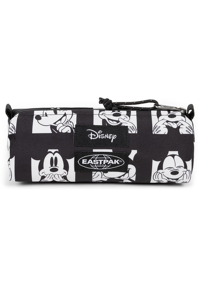 Astuccio nero con motivi bianchi di Topolino, realizzato in tessuto resistente, con chiusura a zip e etichetta con marchio.