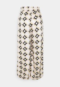 Spodnie o szerokich nogawkach z elastycznym paskiem, ozdobione geometrycznym wzorem w kolorze czarnym, musztardowym, jasnoróżowym i jasnoniebieskim na białym tle.