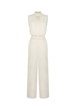 Mouwloze crème jumpsuit met hoge, gerimpelde halslijn, elastische tailleband en wijde pijpen.