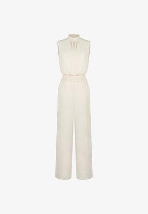 Mouwloze crème jumpsuit met hoge, gerimpelde halslijn, elastische tailleband en wijde pijpen.