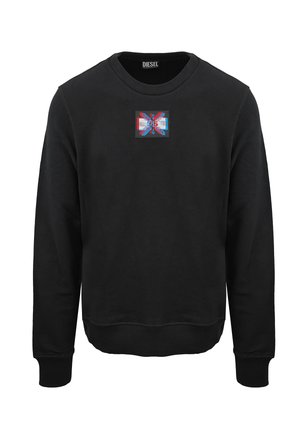 Zwarte sweatshirt met een ronde hals, ribgebreide manchetten en zoom. Heeft een kleurrijke vierkante patch met abstract ontwerp op de borst.