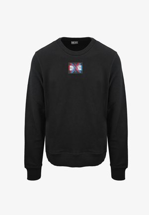 Zwarte sweatshirt met een ronde hals, ribgebreide manchetten en zoom. Heeft een kleurrijke vierkante patch met abstract ontwerp op de borst.