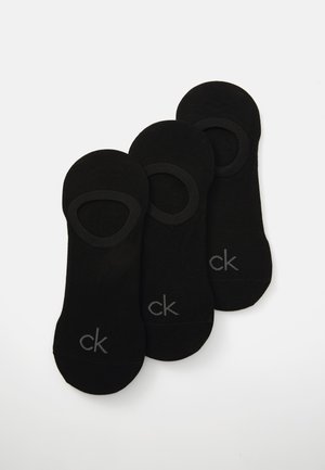 Black cotton no-show socks arranged in a row, featuring a rounded toe and elasticized openings with "ck" logo in gray on the side.